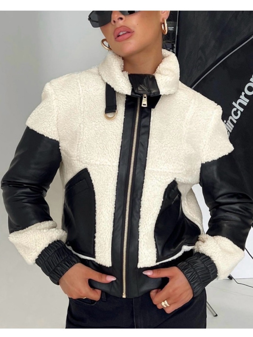 Princess Polly Sherpa Bomber Jacket in White and Black